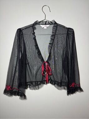 Victorias Secret Sheer Cardigan Sz M Black Ruffle Red Tie Front Long Sleeve Sexy